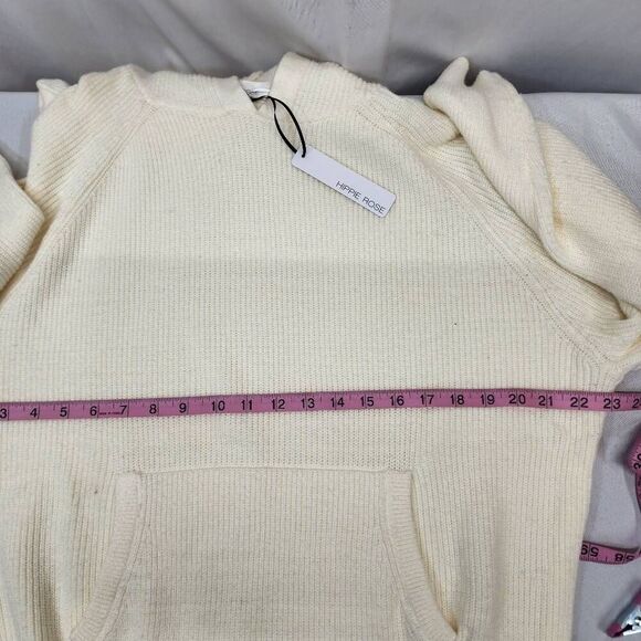 Hippie Rose Women's Large Cable Knit Cream Drawstring Pullover Hoodie Comfort - Picture 4 of 7